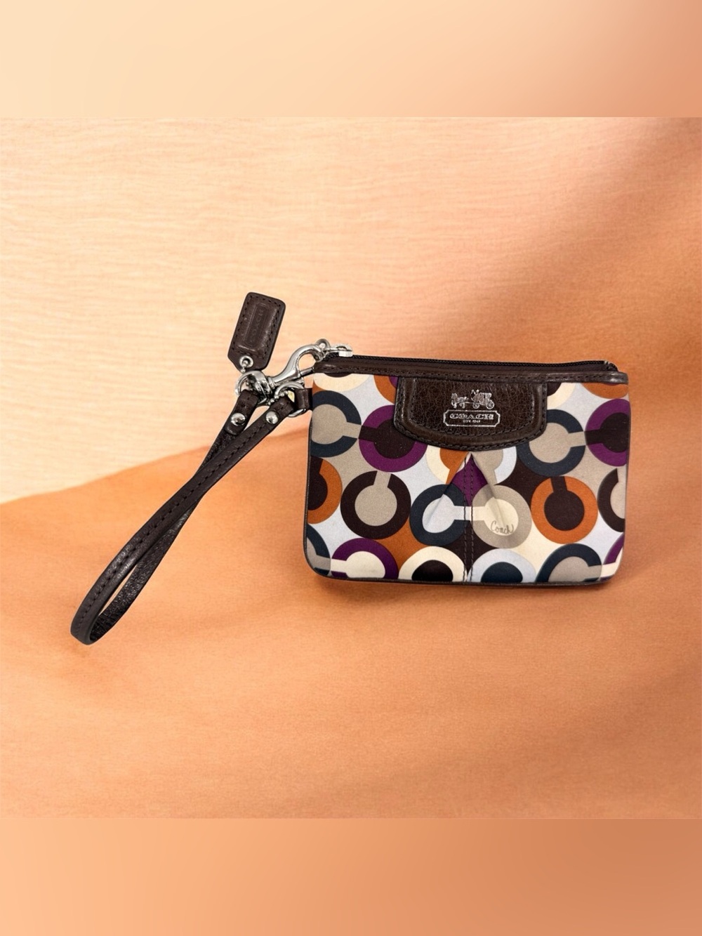 Coach Multicolor Circle Print Wristlet with Brown Leather Trim